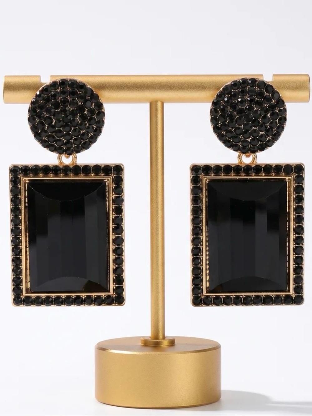 Gold-Trim Black Gem Rectangular Drop Earrings